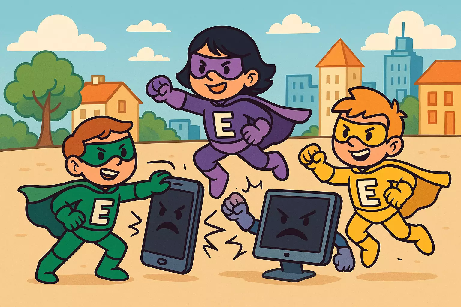 3 super-héros qui combattent des écrans