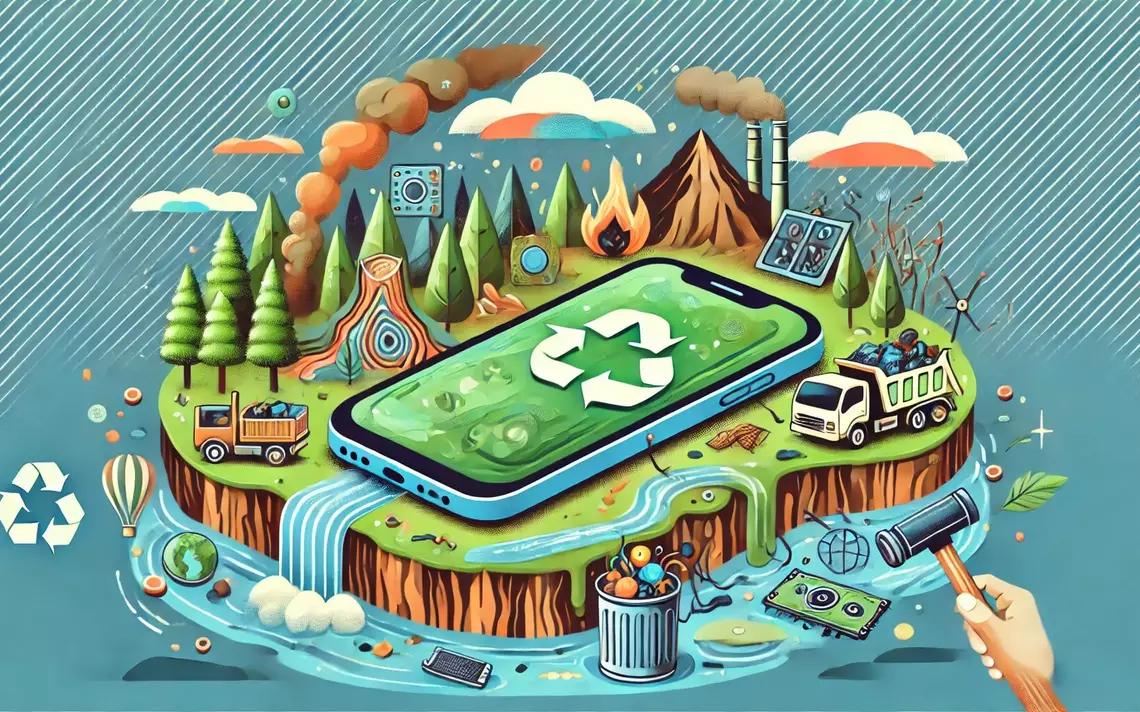 Un smartphone sur une ile avec le symbole du recyclage sur l'écrans